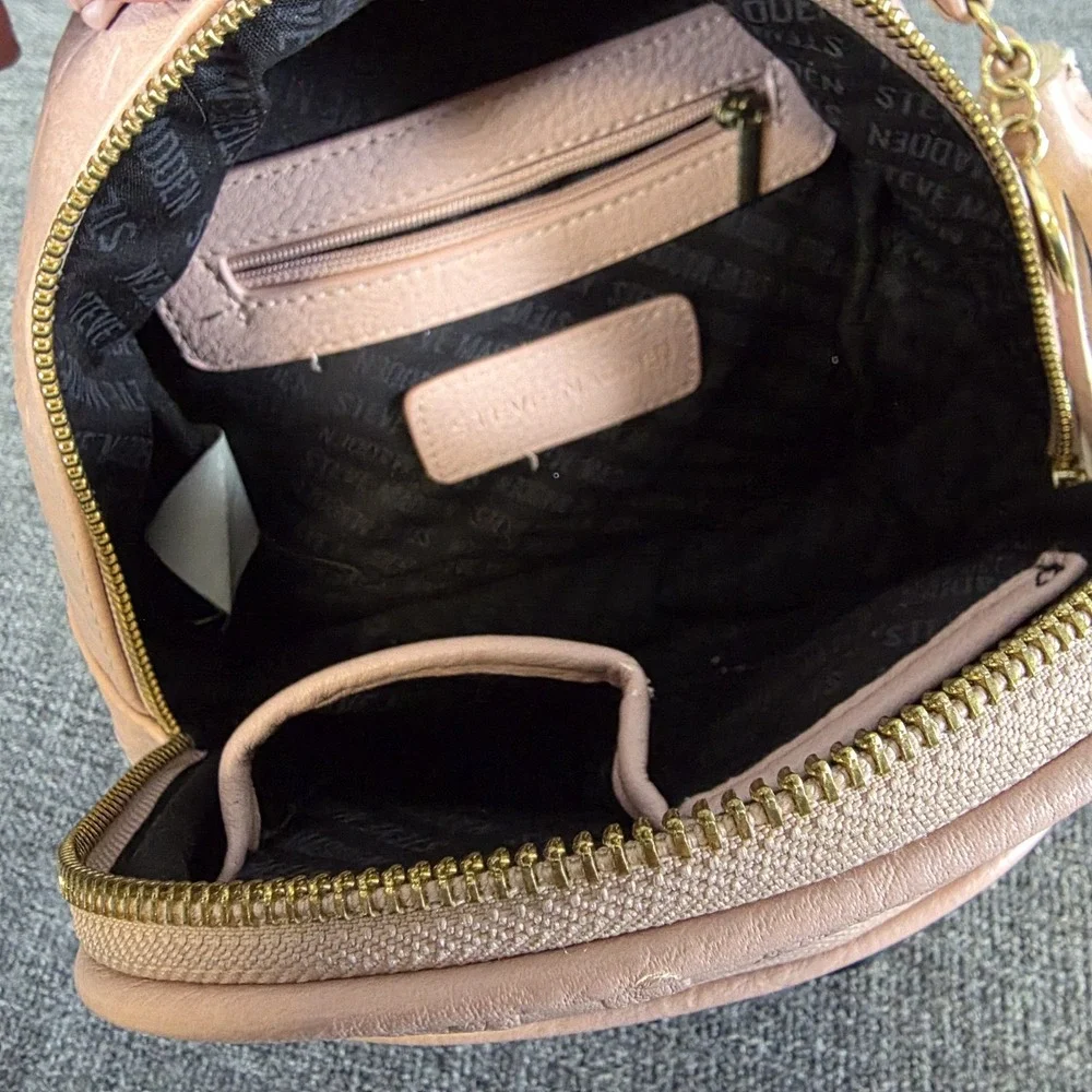 Steve Madden Mini Logo Embossed Backpack Light Pink Faux Leather Black Straps